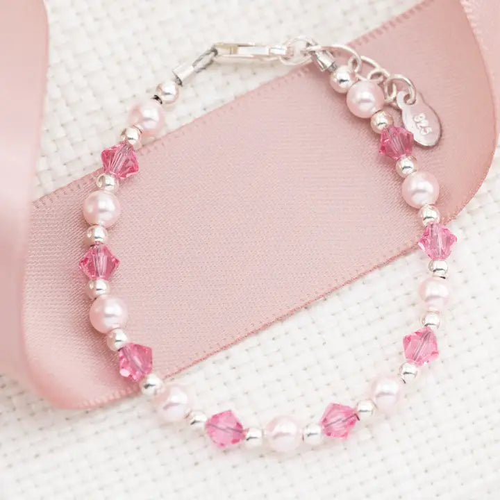 Sterling Silver Pink Pearl & Crystal Baby or Girls Bracelet