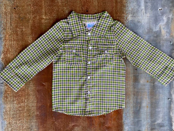 Boys Green Plaid Pearl Snap