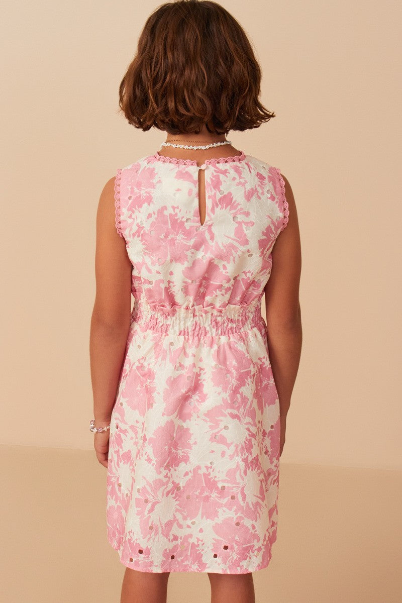 Girls Floral Print Smocked Waist Lace Dress