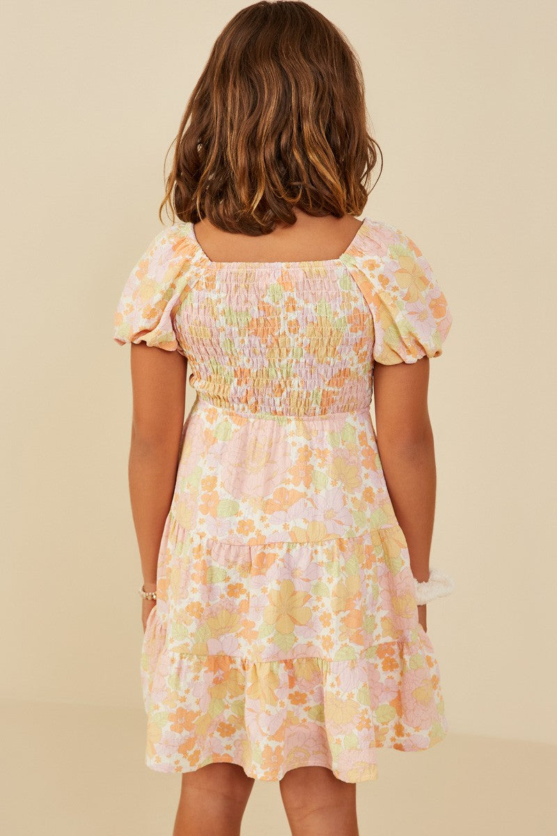 Girls Textured Floral Smocked Puff Sleeve Dress