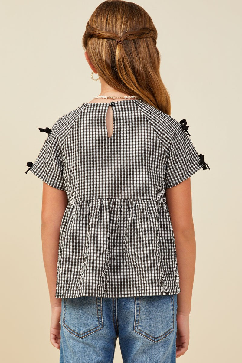 Youth Girls Ribbon Gingham Babydoll Top