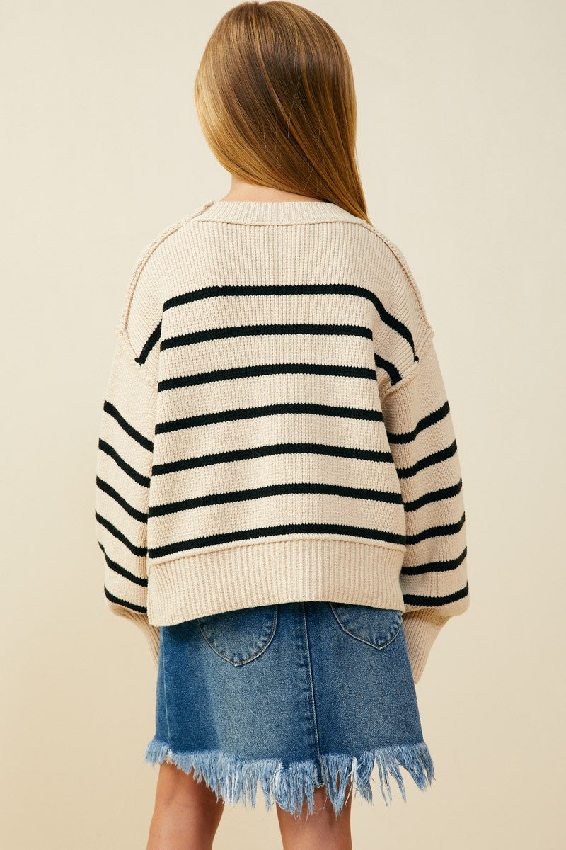 Youth Girls Striped Puff Sleeve Sweater Top