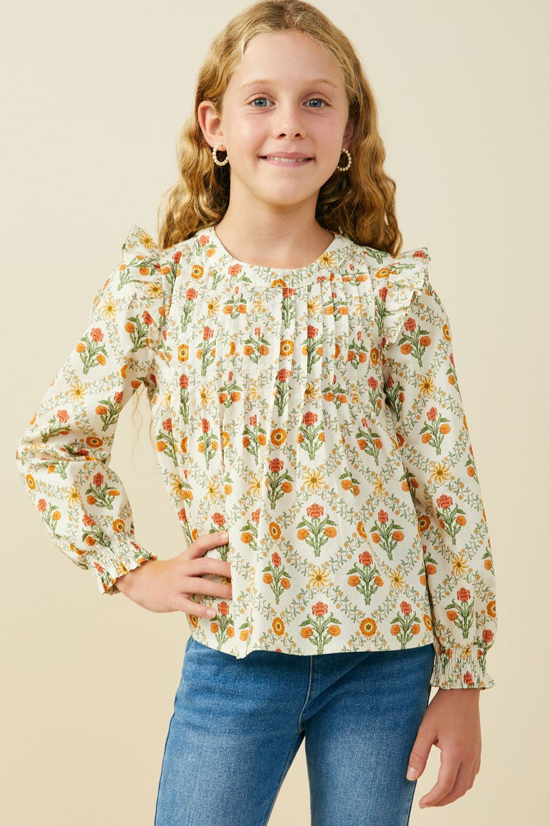 Youth Girls Pleated Detail Floral Peplum Top