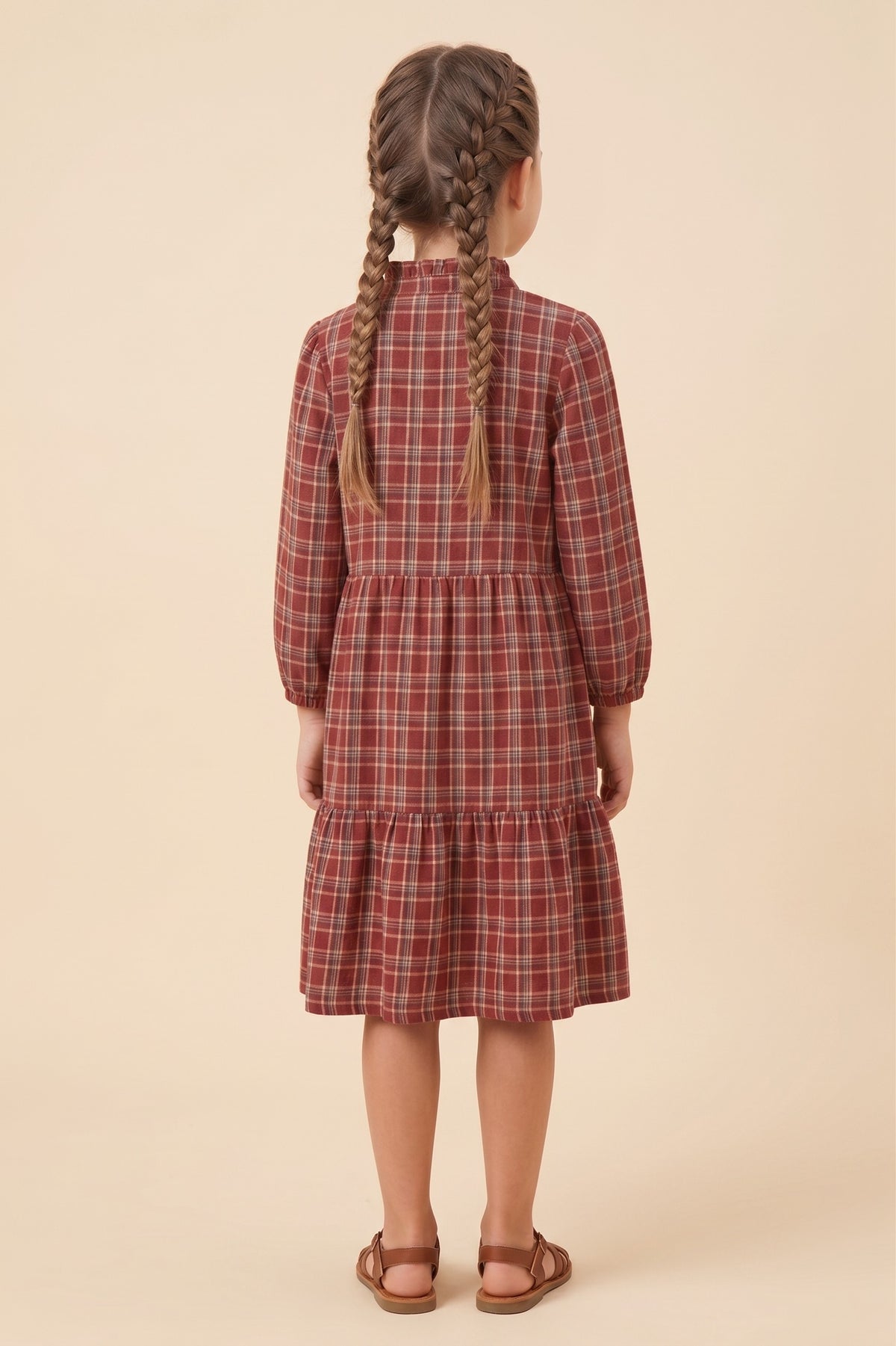 Youth Girls Open Collar Plaid Long Sleeve Dress