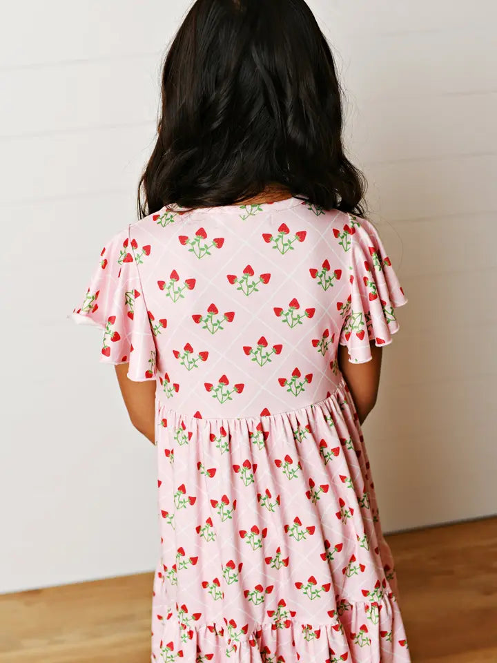 Girls Pink Strawberry Flutter Sleeve Twirl Dress