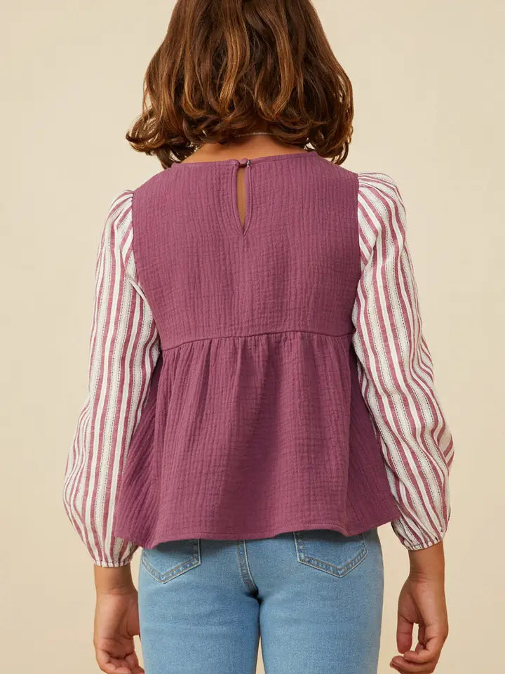 Youth Girls Contrast Sleeve Gauze Top