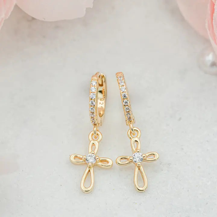 14K Gold-Plated Huggie with Cross Earrings