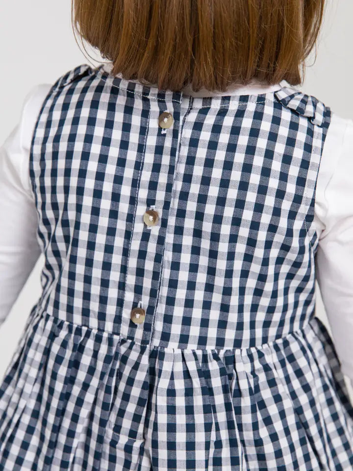 Toddler Girls Navy Gingham Woven Bow Jumper Dress