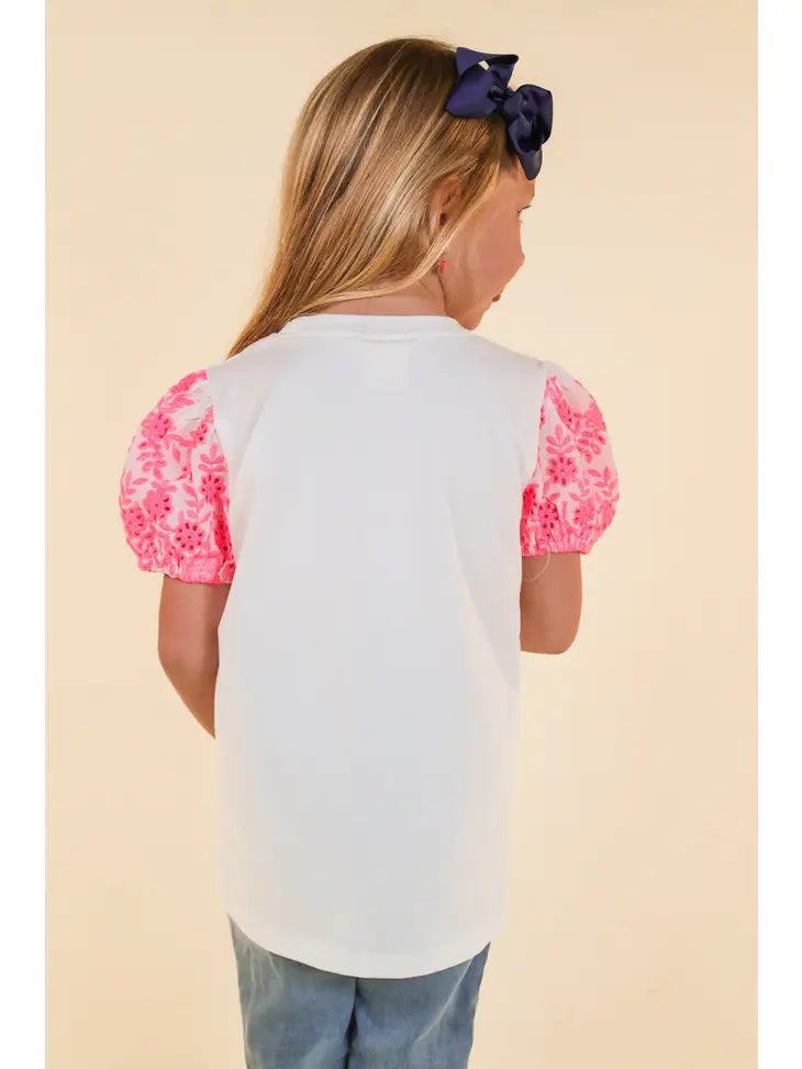 Girls White Top With Pink Eyelet Sleeves