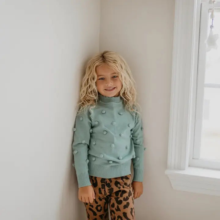 Girls Teal Pom Pom Crew Neck Sweater