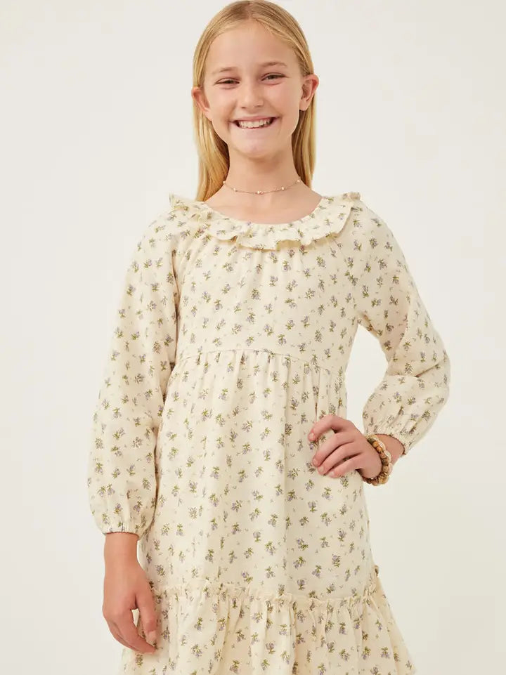 Youth Girls Textured Floral Print Ruffle Bibbed Dress
