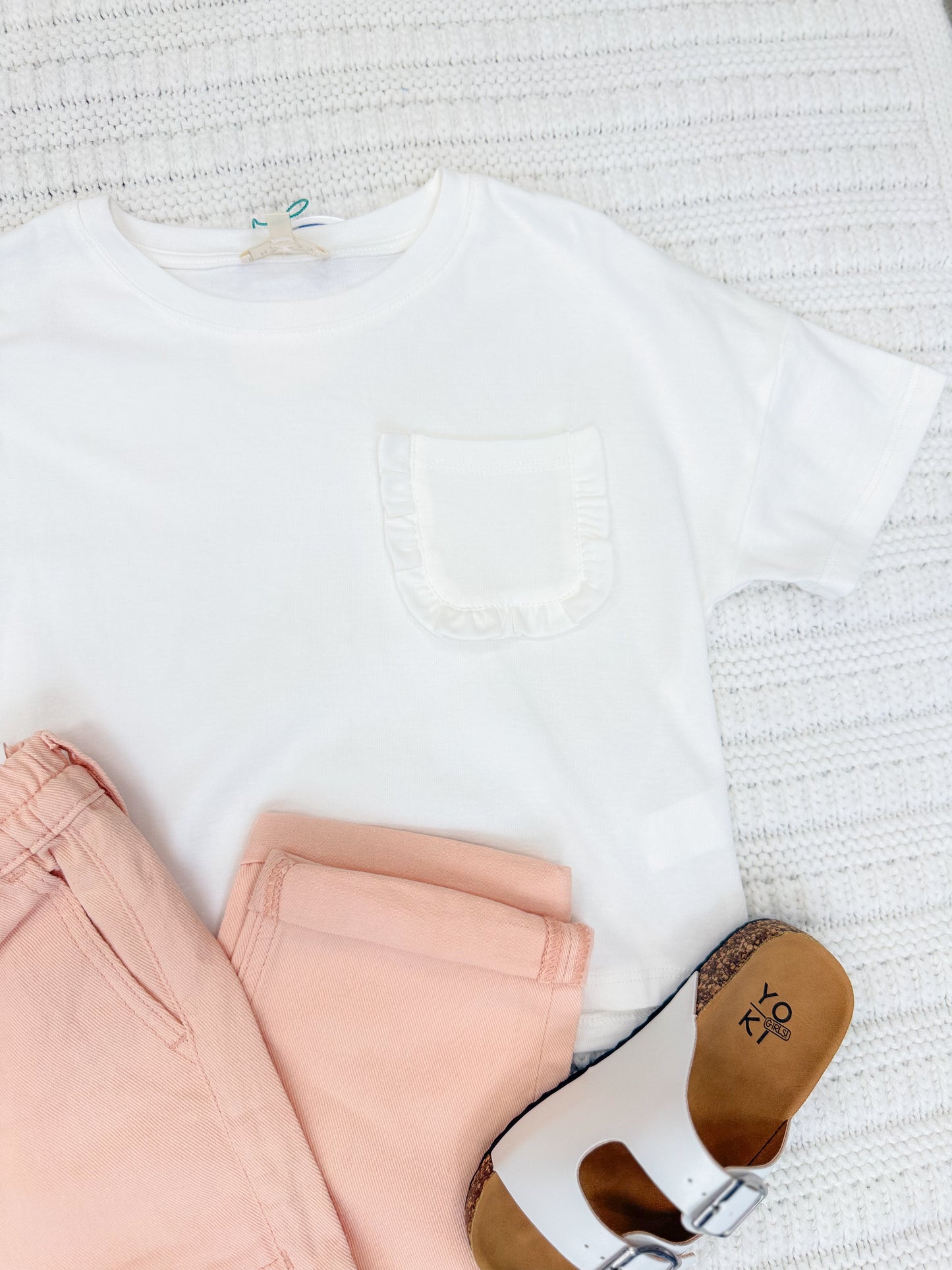 Youth Girls Ruffle Pocket Knit Shirt Sleeve Tee