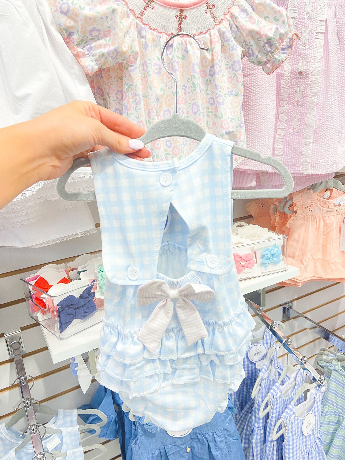 Baby Girls Blue Checkered Sleeveless Bow Romper