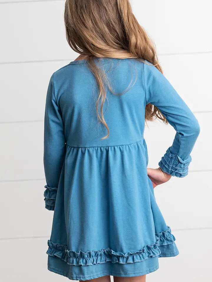 Girls Long Sleeve Solid Blue Ruffle Dress