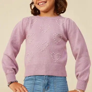 Youth Girls Pearl Hearts Detail Pullover Sweater Top