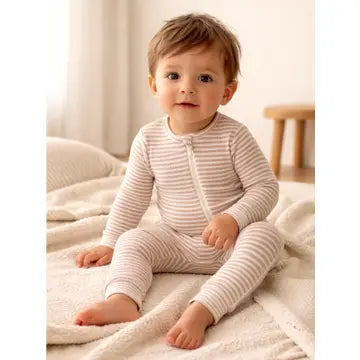Infant Boy Tan Stripe Ribbed 2-Way Zip Romper