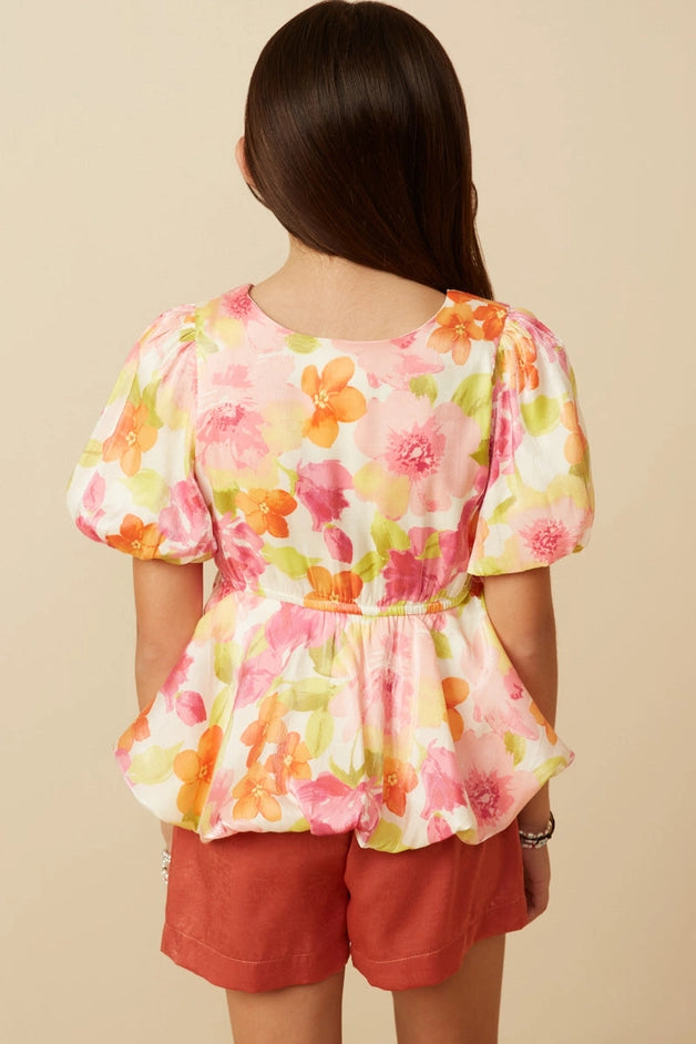 Youth Girls Satin Floral Peplum Top