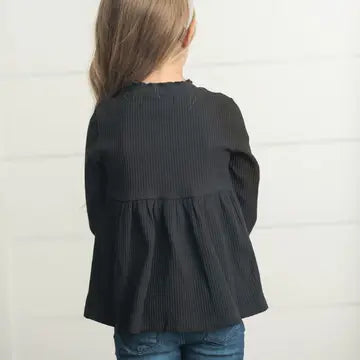 Fall Black Long Sleeve Lettuce Trim Ribbed Shirt