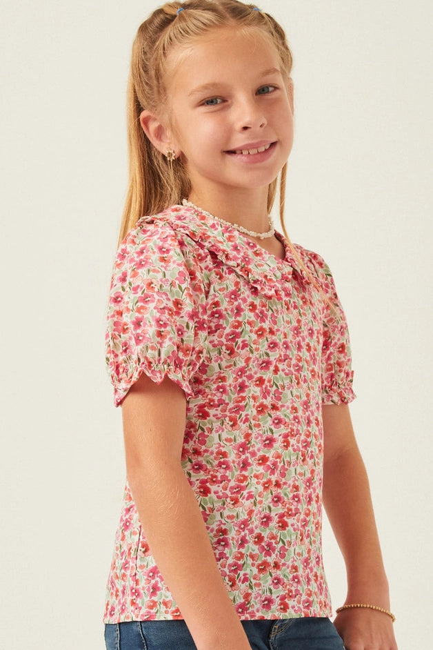 Youth Girls Ruffle Collar Cinch Sleeve Top