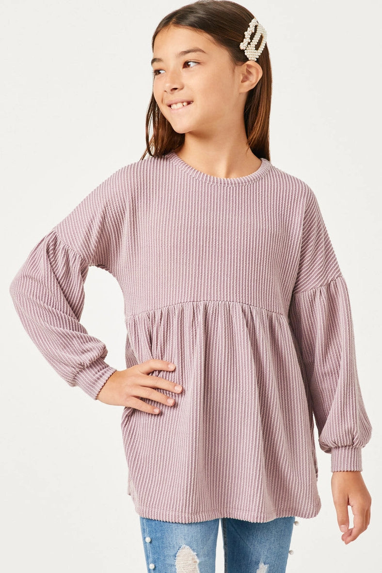 Youth Girls Textured Stripe Babydoll Knit Long Sleeve Top