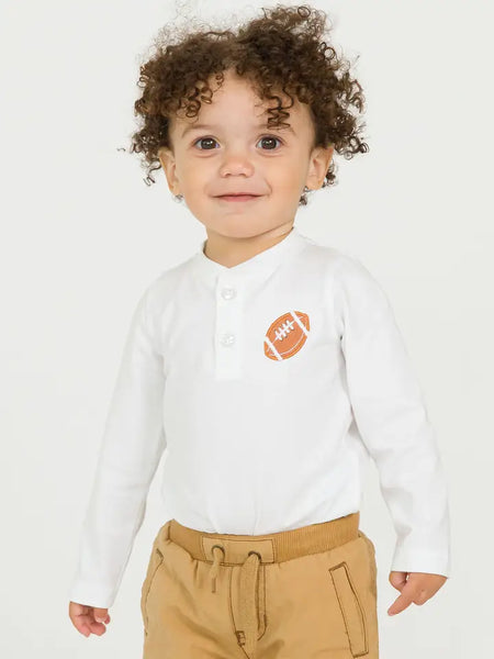 Baby Boys Football White Knit Long Sleeve Embroidered Henley Bodysuit