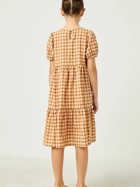 Youth Girls Puff Sleeve Gingham Tiered Dress