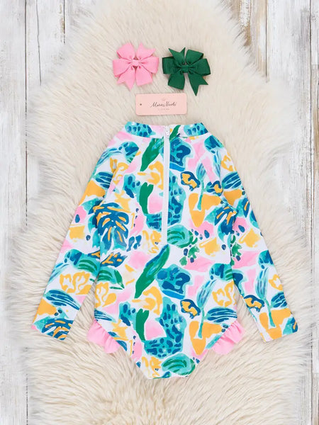 Girls Banana Leave Ruffle Swimsuit