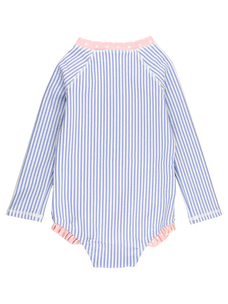 Girls Periwinkle Seersucker Long Sleeve One Piece Swimsuit