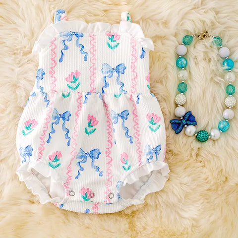 Floral Pink And Blue Bow Bubble Romper