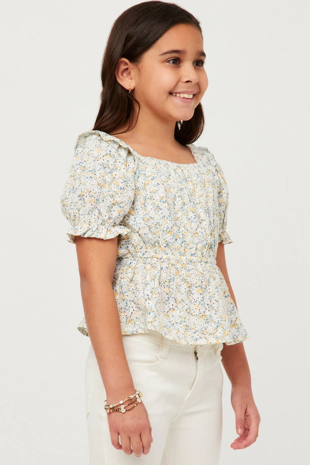Youth Girls Embroidered Eyelet Peplum Top