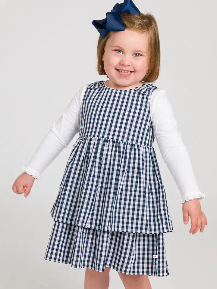 Toddler Girls Navy Gingham Woven Bow Jumper Dress