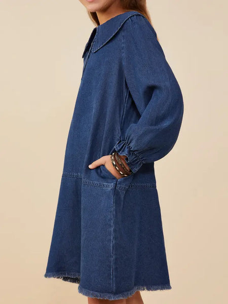 Youth Girls Peter Pan Collared Cinch Cuff Chambray Dress