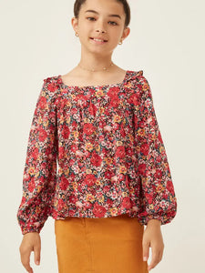 Youth Girls Floral Print Ruffle Shoulder Top
