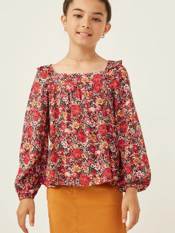 Youth Girls Floral Print Ruffle Shoulder Top