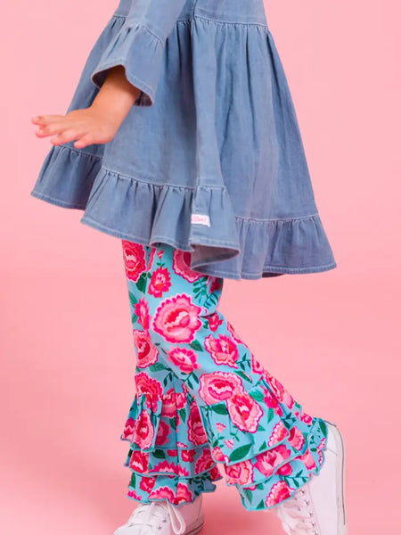 Girls Light Wash Denim High Low Ruffle Tunic Top