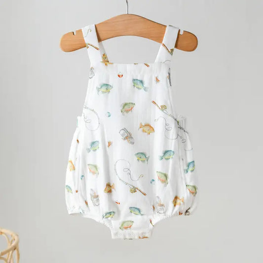 Infant Boy Organic Muslin Bubble Shortall - Fish