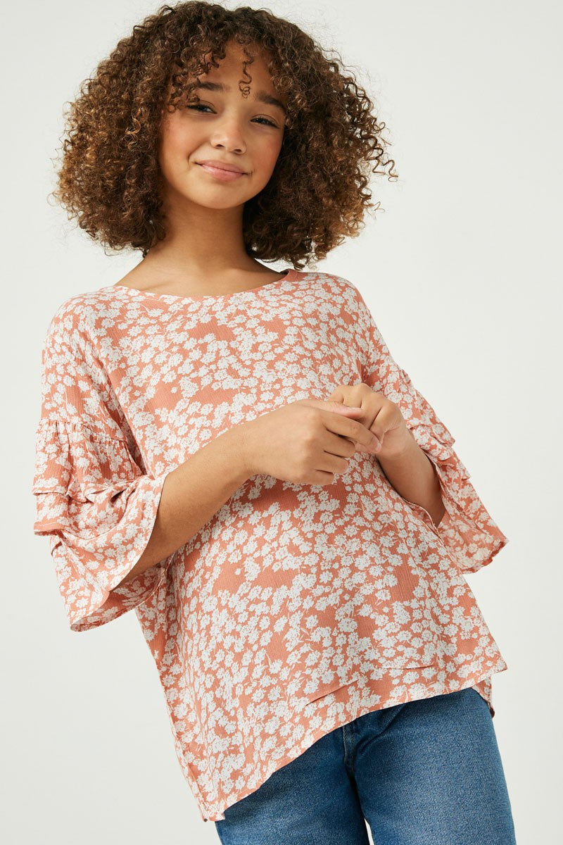 Girls Tiered Sleeve Floral Top
