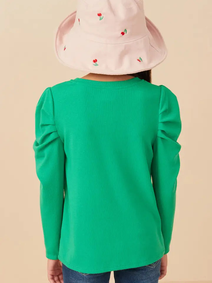 Youth Girls Pleated Puff Shoulder Knit Top