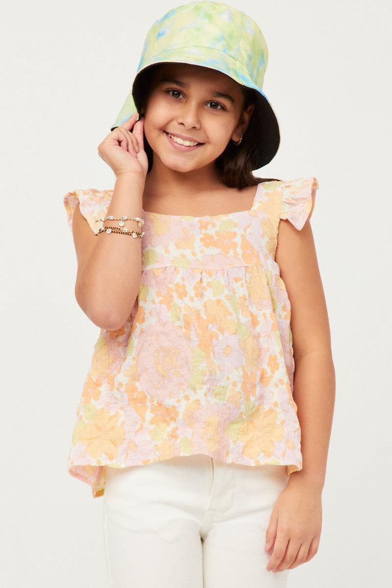 Girls Textured Floral Button Back Ruffle Tank