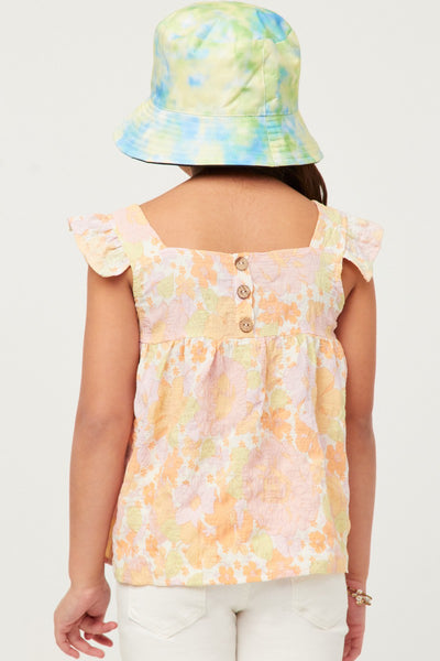 Girls Textured Floral Button Back Ruffle Tank