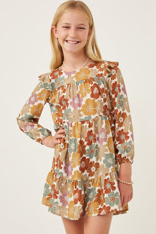 Mixed Floral Print Ruffle Shoulder Dress