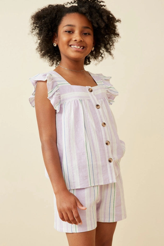 Youth Girls Striped Ruffle Button Top