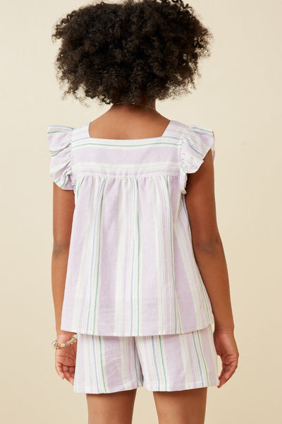 Girls Striped Square Neck Ruffled Button Top