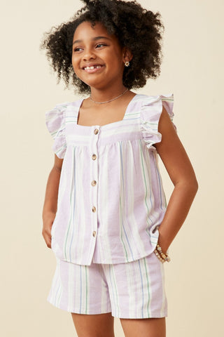 Girls Striped Square Neck Ruffled Button Top