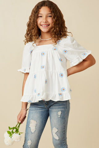 Embroidered Daisy Square Neck Top