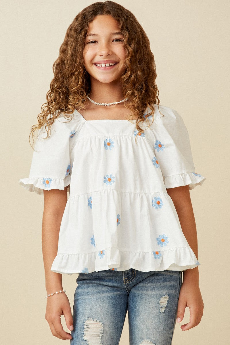 Youth Girls Daisy Embroidered Square Neck Top