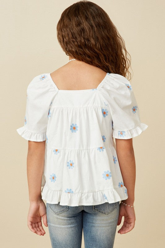 Youth Girls Daisy Embroidered Square Neck Top
