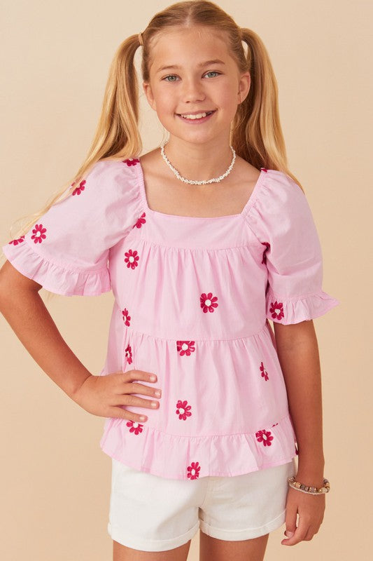 Youth Girls Daisy Embroidered Square Neck Top