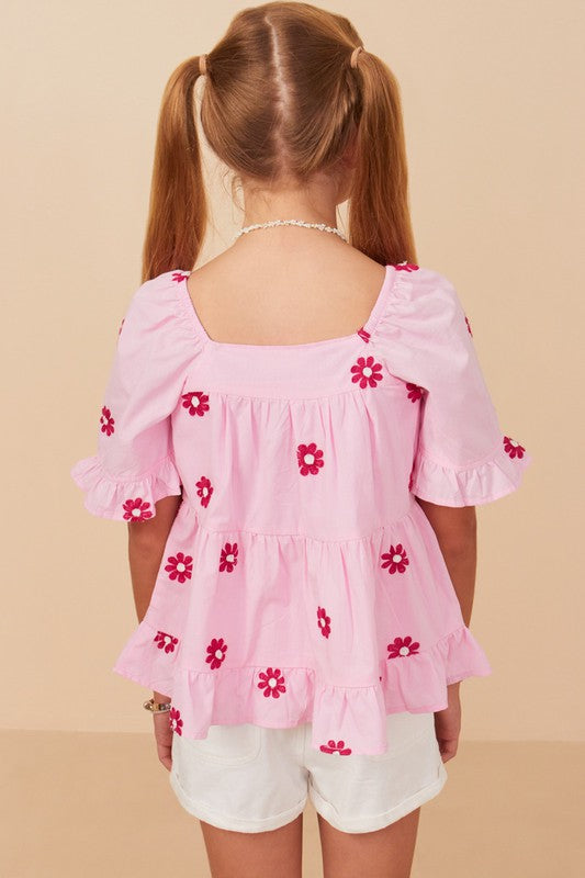 Youth Girls Daisy Embroidered Square Neck Top