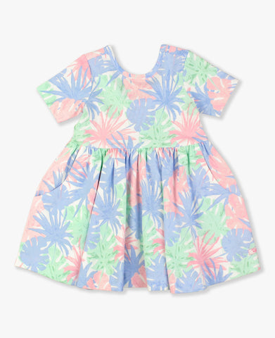 Pastel Palms Short Sleeve Knit Twirl Dress